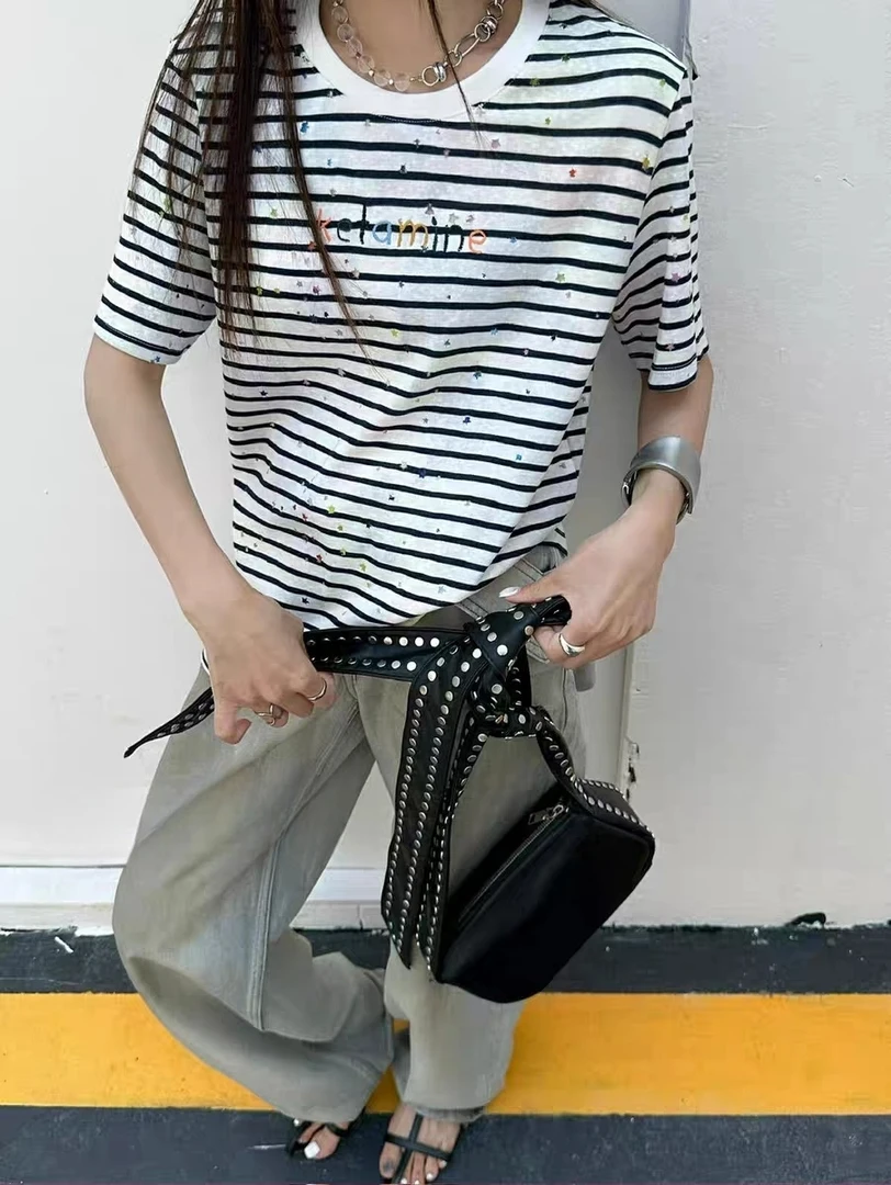 Manmi 彩色破洞刺绣扎染条纹短袖T恤 2638（C8）