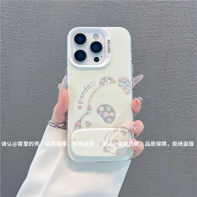 趴地熊猫镜面支架适用苹果16手机壳新款华为小众vivo可爱小米oppo
