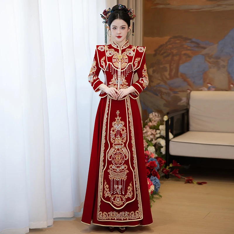 红色丝绒秀禾服婚服凤冠霞帔新娘结婚中式婚纱礼服出阁嫁衣小个子