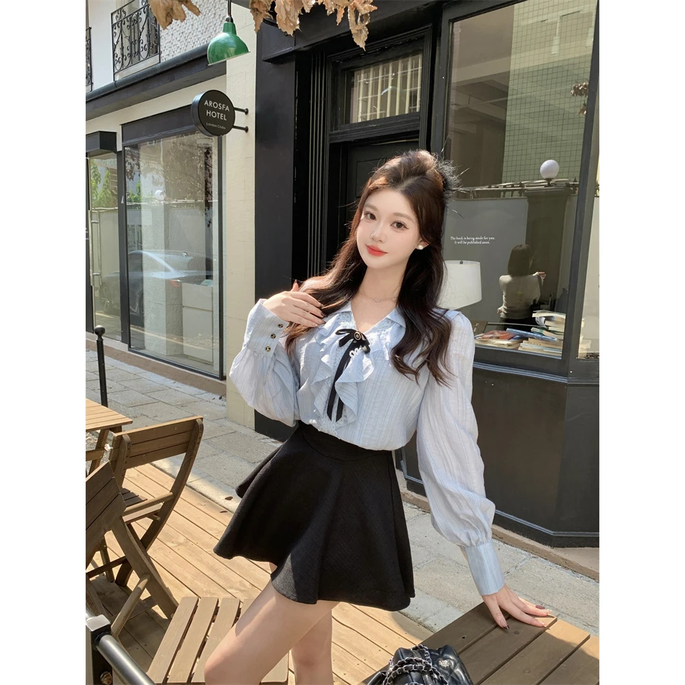 荷叶边蓝色衬衫半身裙两件套女春装2025年新款高级感气质法式套装