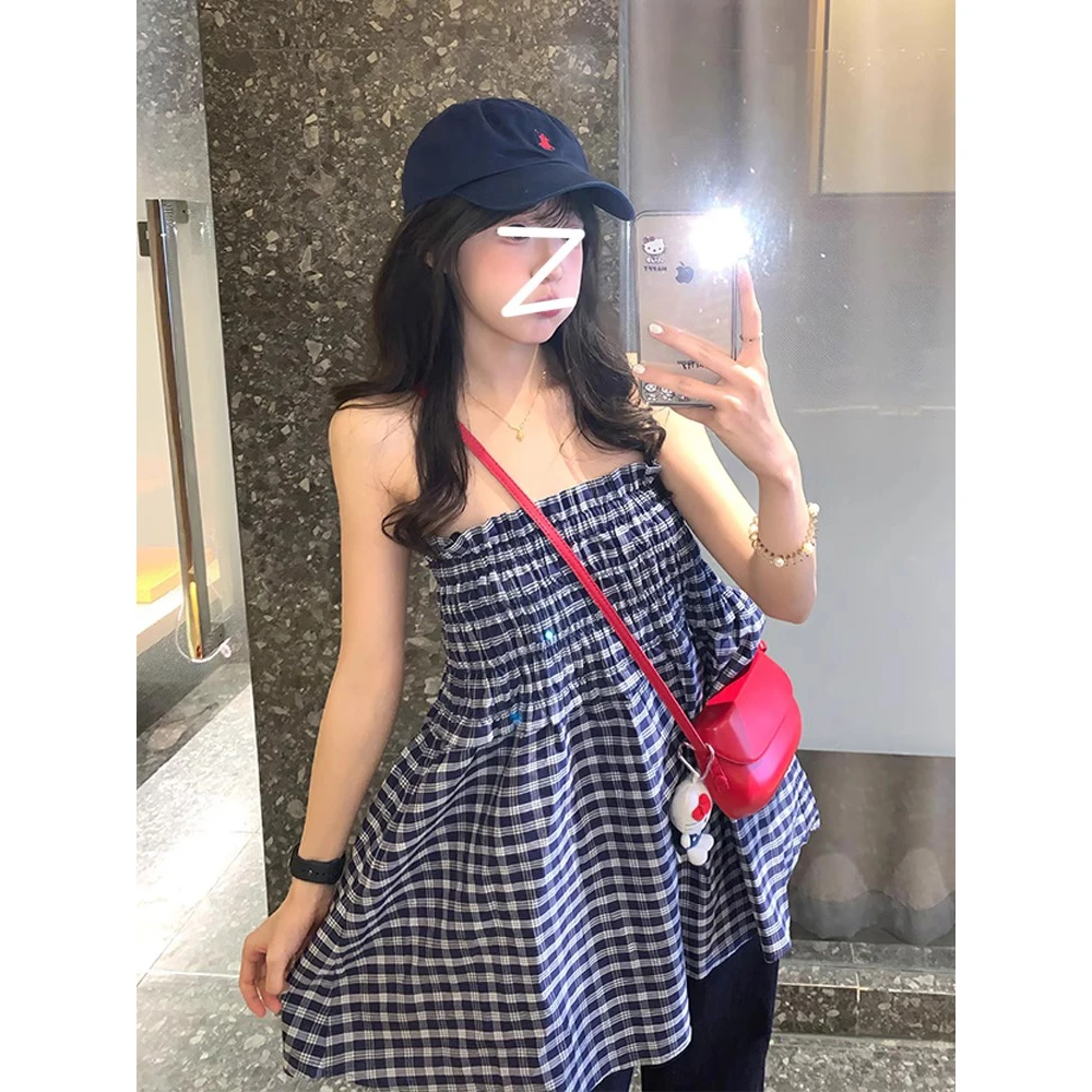 设计感复古蓝色格子半身裙两穿女装春夏季法式抹胸背心裙a字伞裙