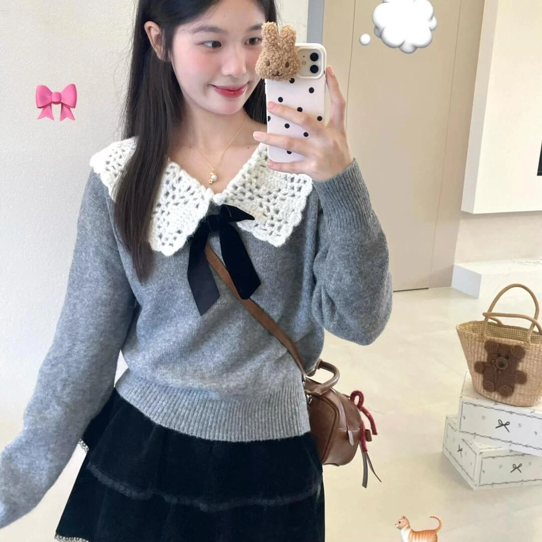 甜美设计感穿搭娃娃领毛衣女秋冬小个子温柔减龄慵懒风针织衫上衣