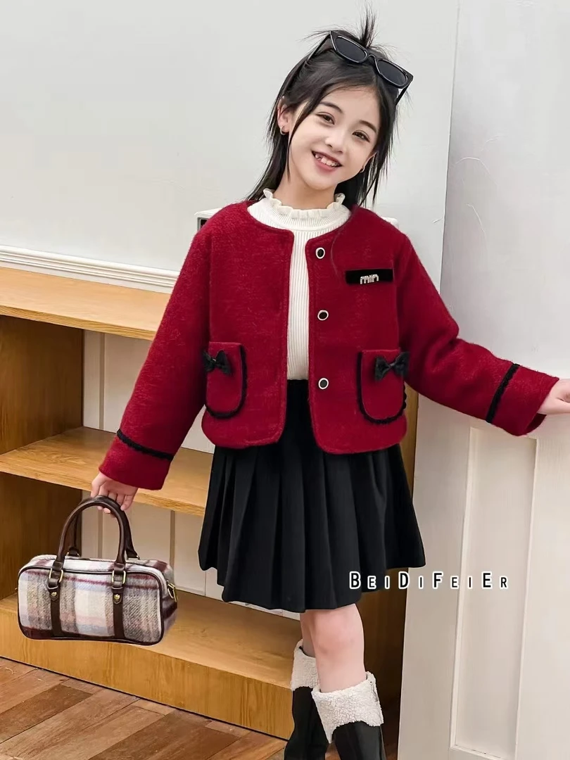 花边口袋单色女童套裙