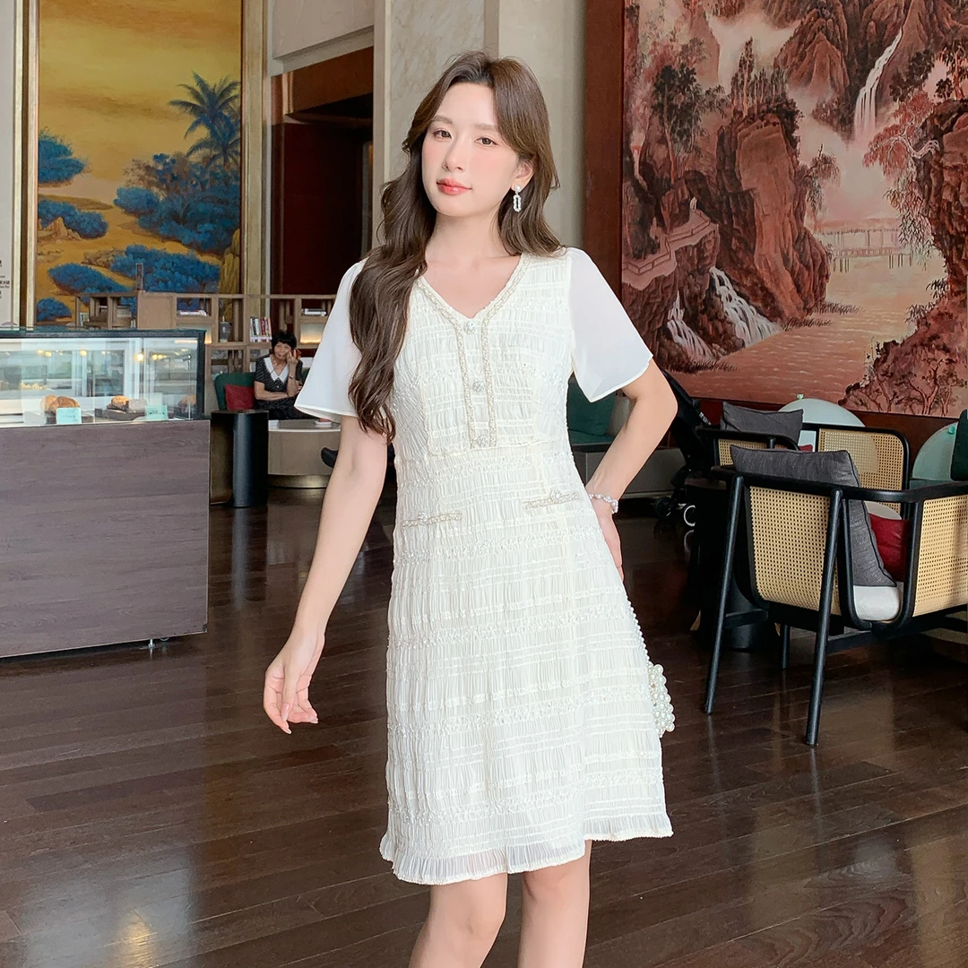 奢姿大码女装2025夏季减龄拼接时尚连衣裙胖妹妹荷叶袖V领裙子
