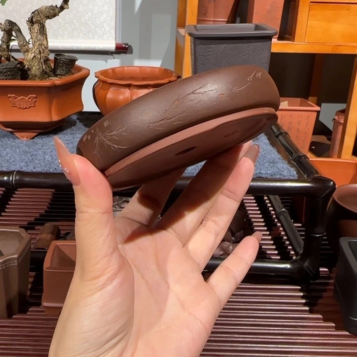 初***一花盆紫砂全手工刻绘
