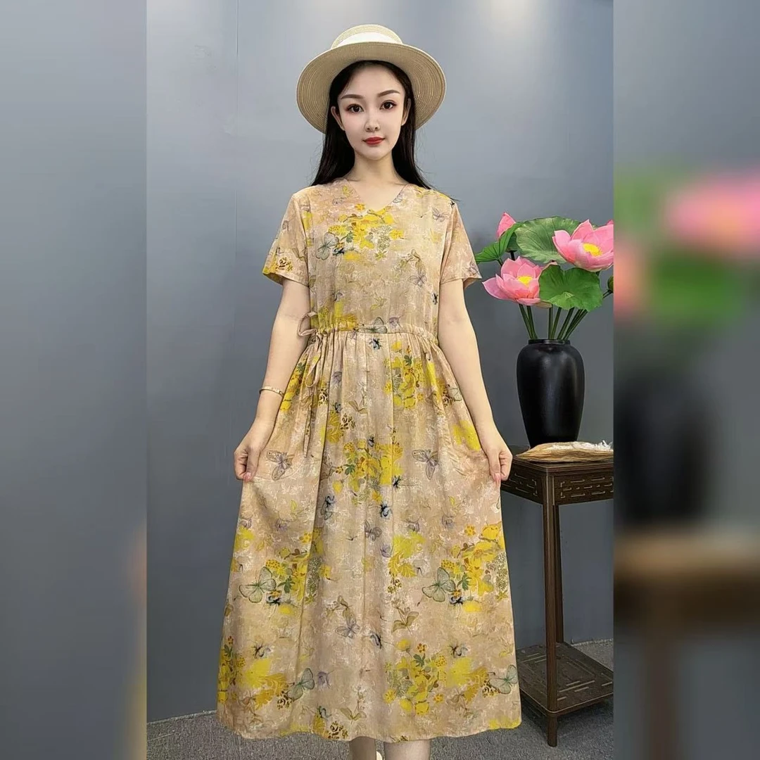 【木源缎】新款棉绸连衣裙夏季薄款宽松短袖显瘦遮肚连衣裙收腰