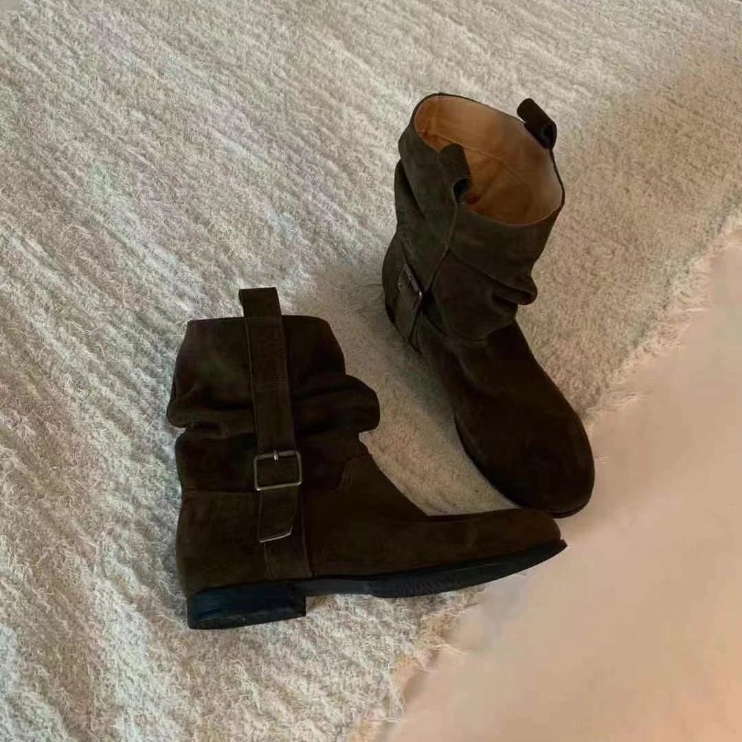 牛皮版~复古褶皱堆堆靴女韩版小众美拉德短靴西部牛仔靴子骑士靴