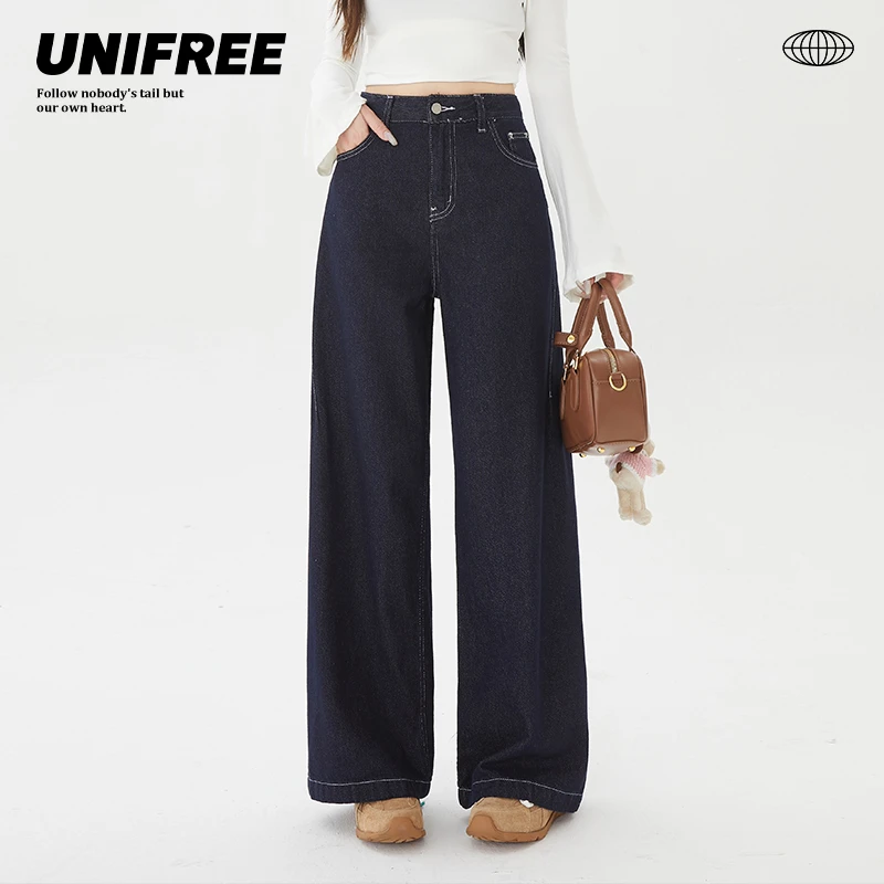 UNIFREE原色水洗牛仔裤女美式复古宽松直筒阔腿百搭显瘦拖地长裤