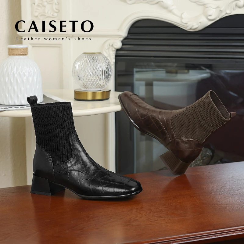 牛皮/4cm/秋冬瘦瘦靴中跟短靴女粗跟一脚蹬方头女靴X129