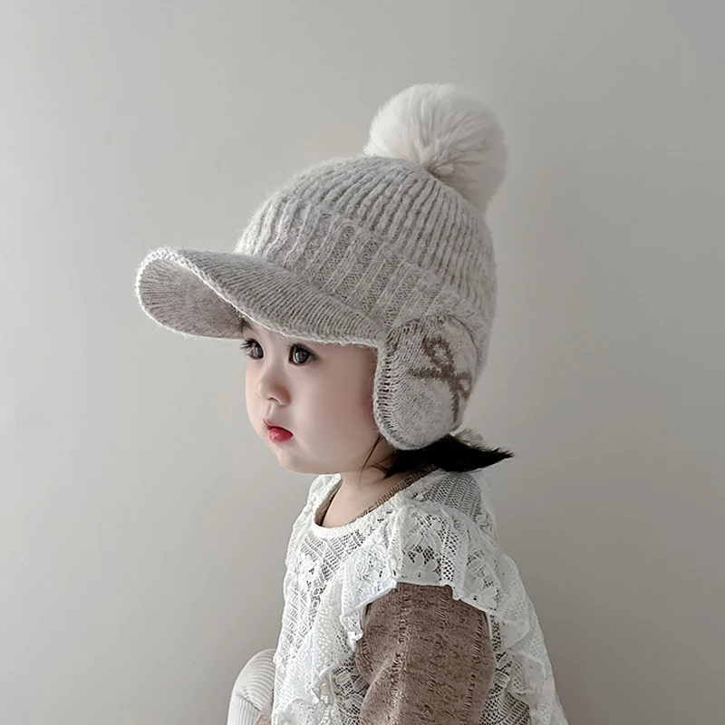 儿童鸭舌帽毛线帽男女童护耳针织帽韩版保暖棒球帽加厚防风套头潮