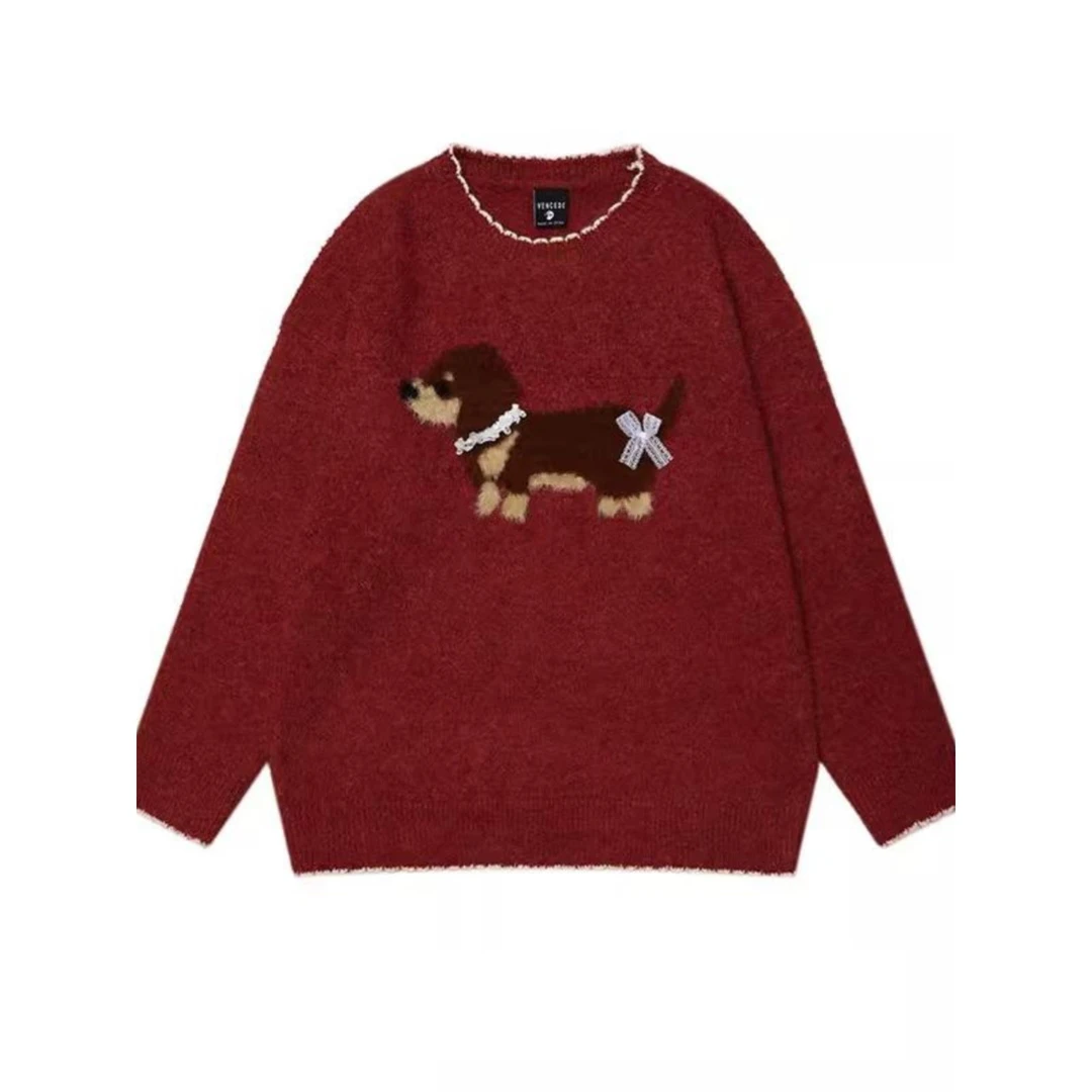 慵懒风卡通小狗BF圆领软糯毛衣女美式宽松百搭复古休闲内搭针织衫