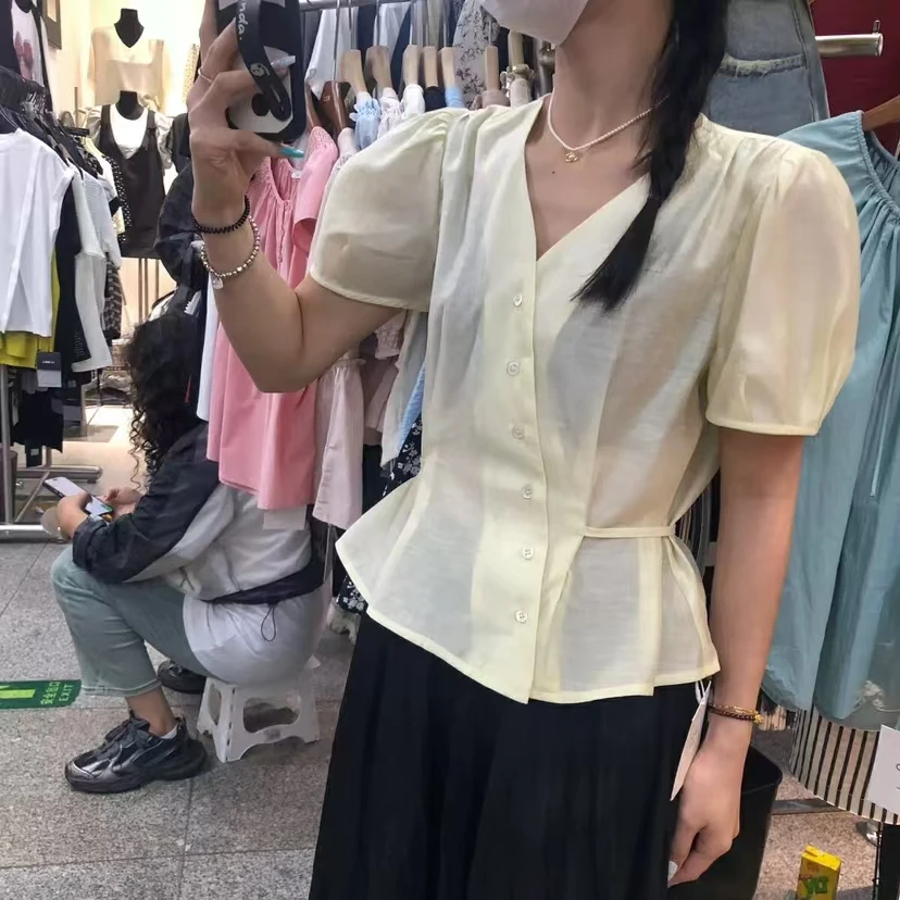 夏季纯色韩版时尚V领泡泡袖系带百搭显瘦短袖衬衫上衣