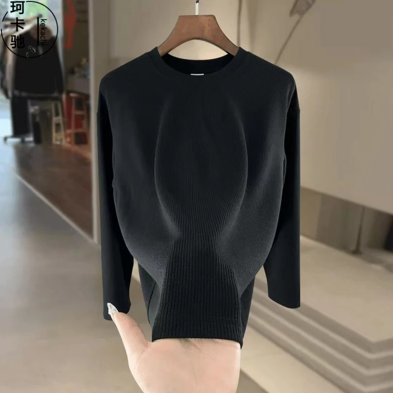 【珂卡驰】竖纹男士高档轻奢简约卫衣宽松休闲内白色长袖t恤高品质