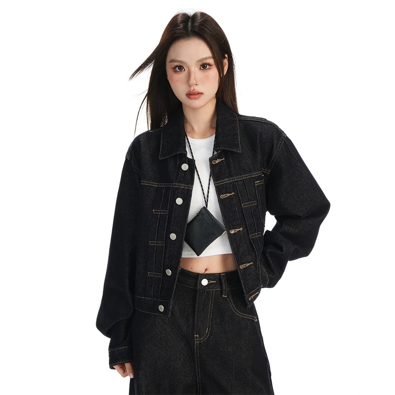 【花花专属】翻领纽扣短款牛仔服外套女早秋新款复古时尚百搭外套女