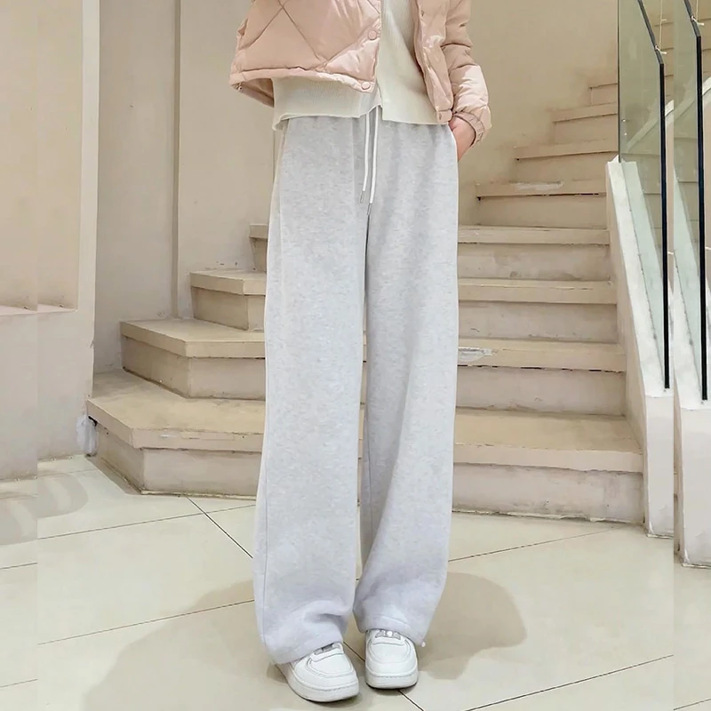 灰色羊羔绒休闲裤女秋冬宽松束脚棉裤加绒加厚阔腿裤直筒休闲卫裤