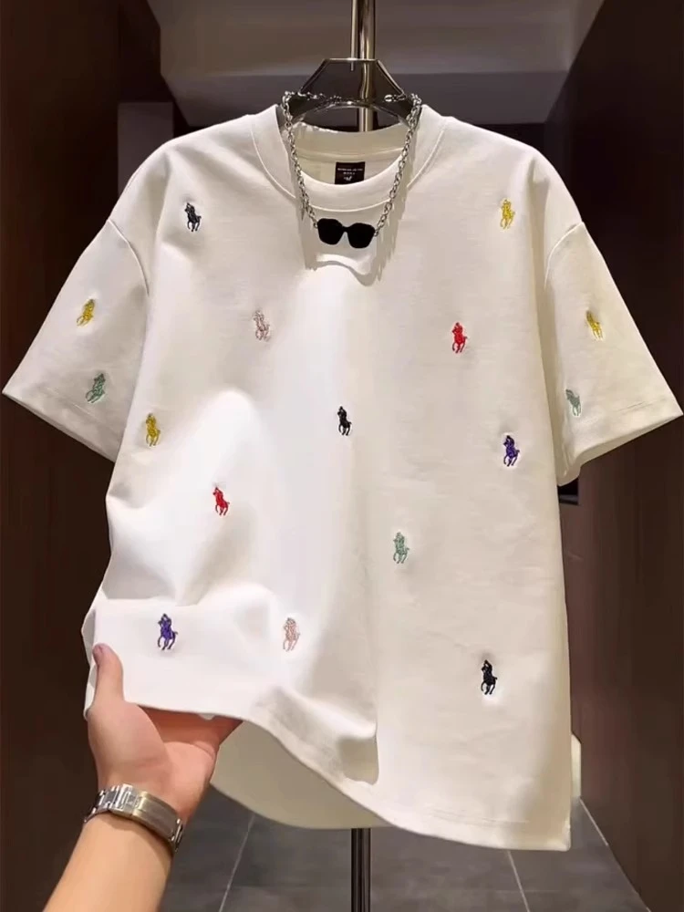 潮牌穿搭彩色刺绣短袖T恤男士2025夏季个性扎染宽松圆领套头上衣
