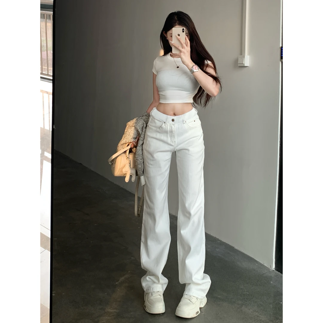 白色净版高腰阔腿牛仔裤女2025夏季新款显瘦显高百搭拖地牛仔裤
