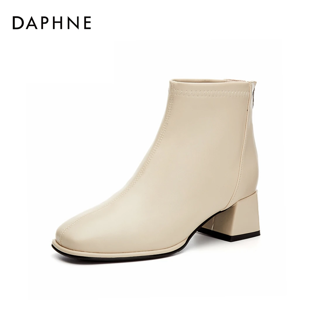 Daphne/达芙妮达芙时尚百搭潮流粗跟方头气质白色英伦方跟