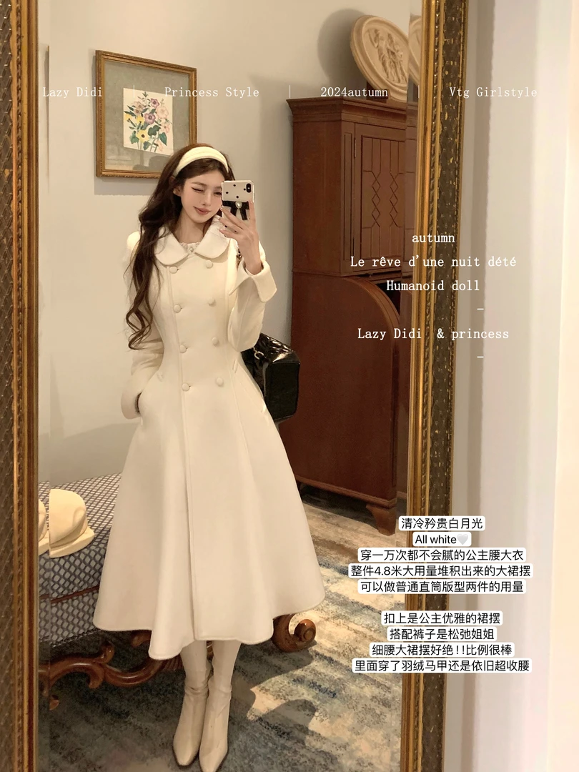 法式千金小香风娃娃领毛呢外套女秋冬小个子中长款气质赫本风大衣