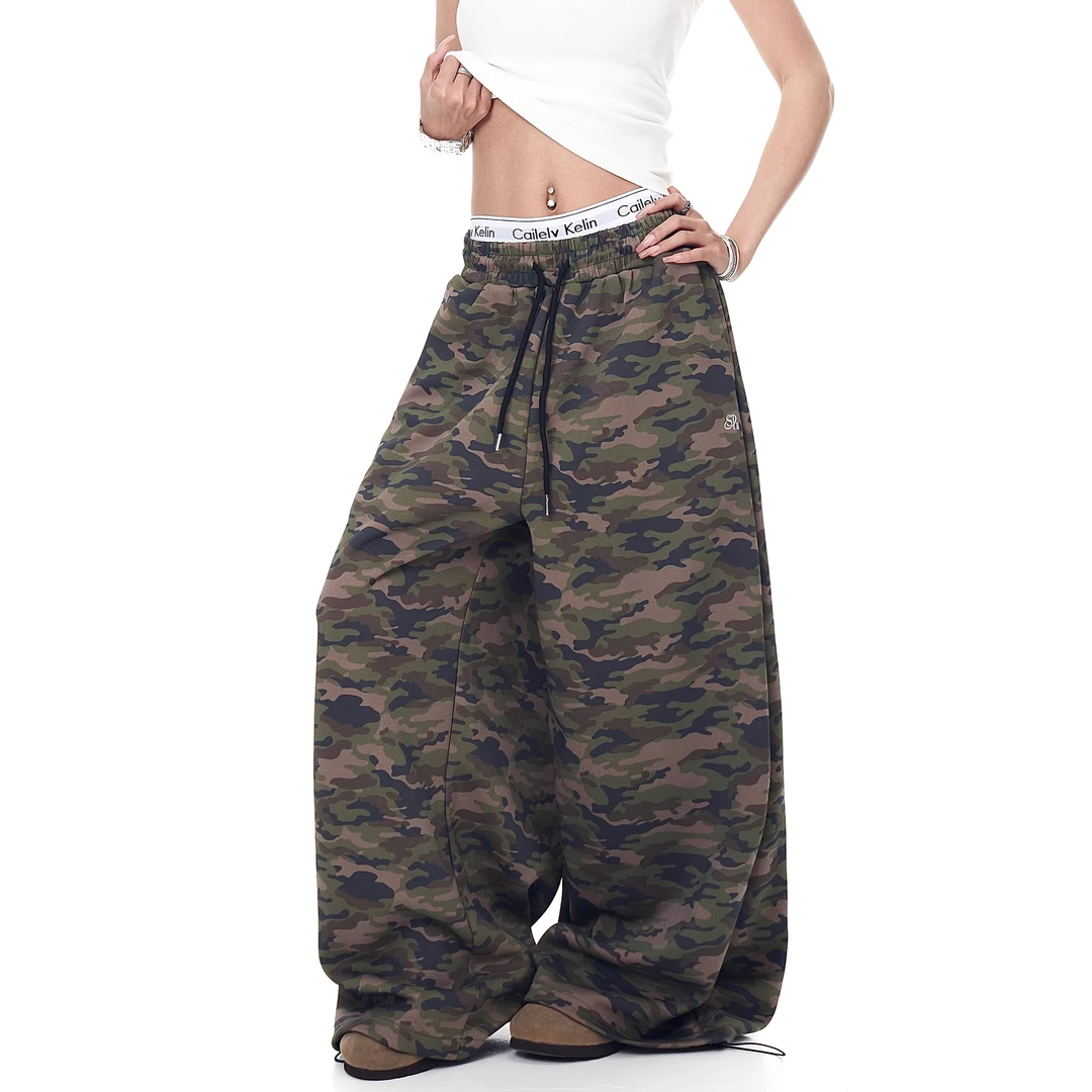 美式复古潮牌抽绳迷彩运动卫裤男女宽松显瘦阔腿裤街头嘻哈休闲裤