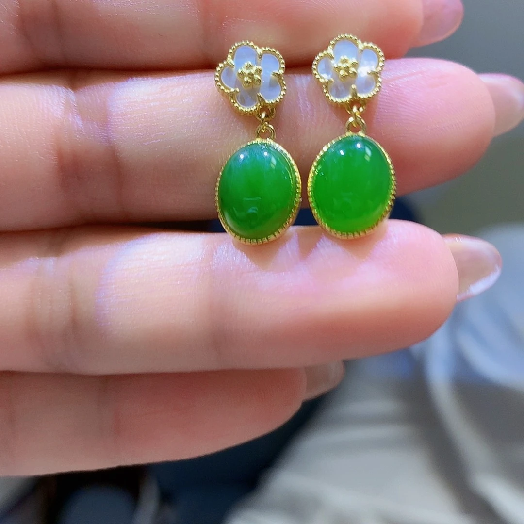 银S925镀金镶嵌和田玉（碧玉）耳饰