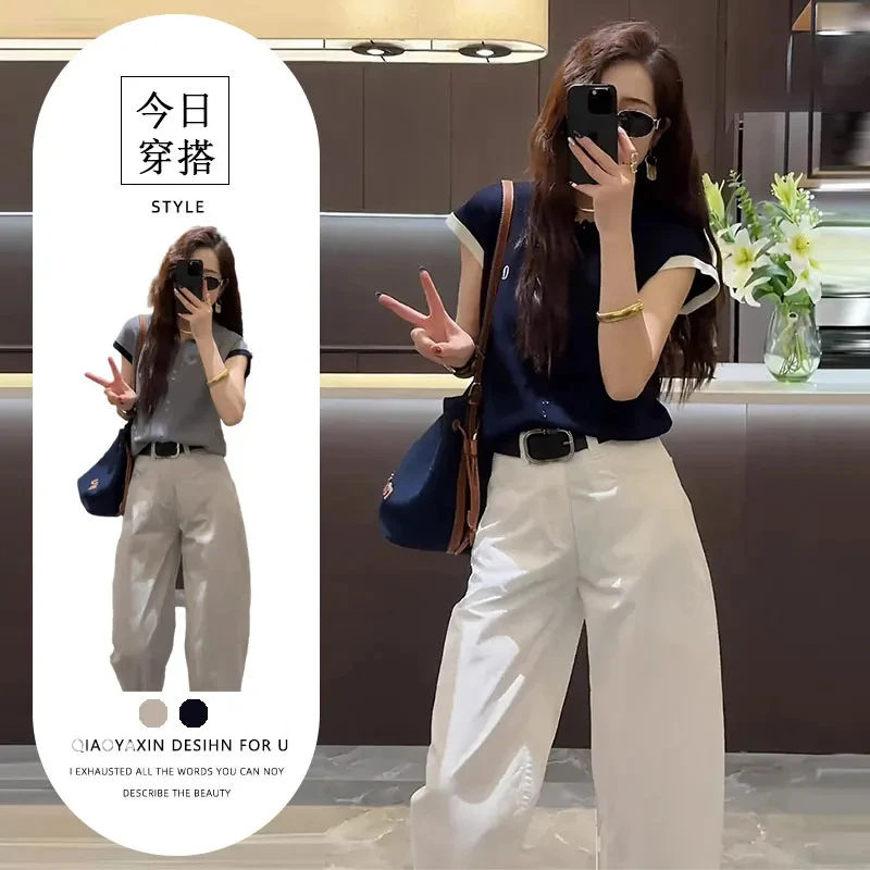 单件/夏装搭配2025新款爆款洋气针织短袖T恤九分休闲裤气质装潮流