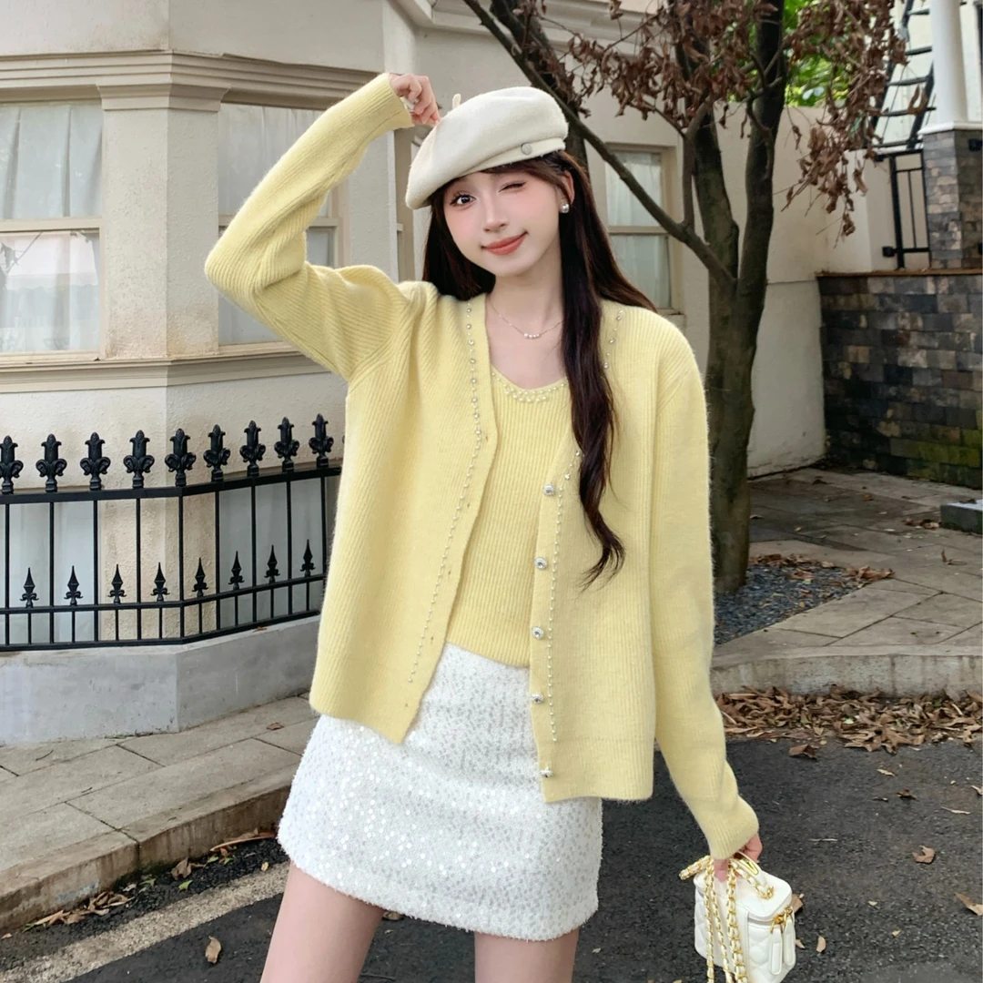 慕兔法式小香风气质针织开衫搭配打底吊带两件套女2025秋季新款