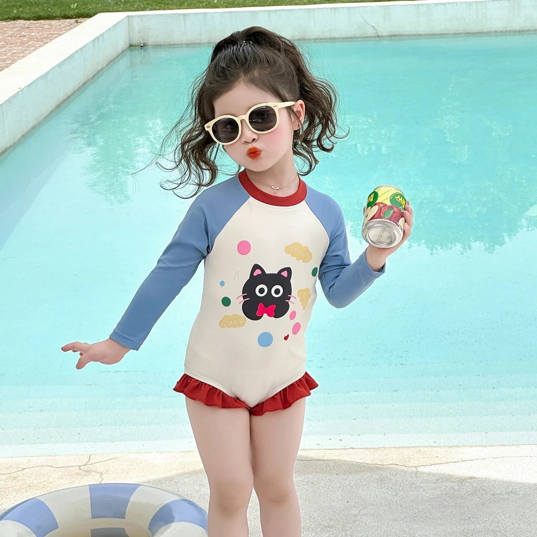 女童长袖泳衣女宝宝拼色连体泳装洋气儿童海边洋气夏季速干游泳衣