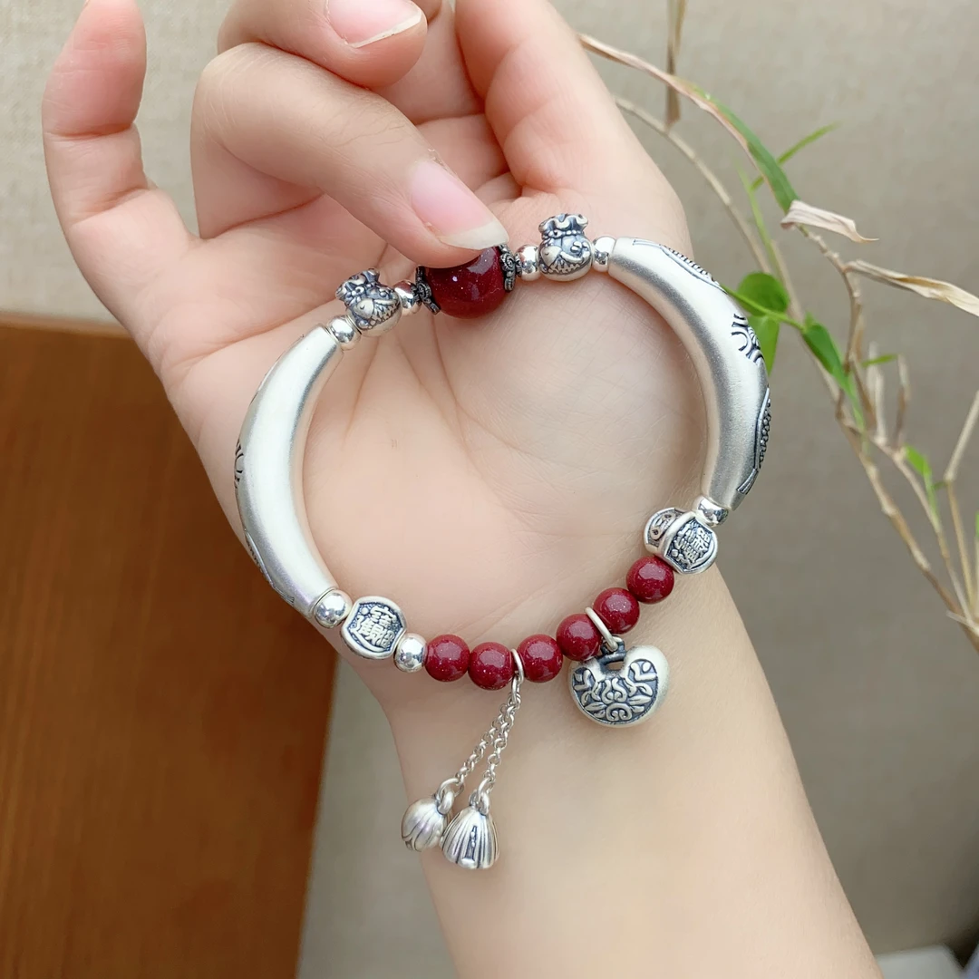 含辰砂工艺品足银999双鱼大流苏新中式富贵花开朱砂手链紫金砂