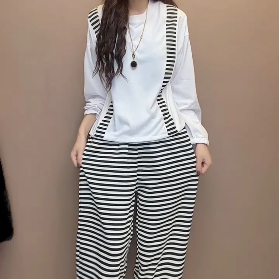 夏季新款休闲运动套装时尚宽松显瘦条纹束脚裤搭配