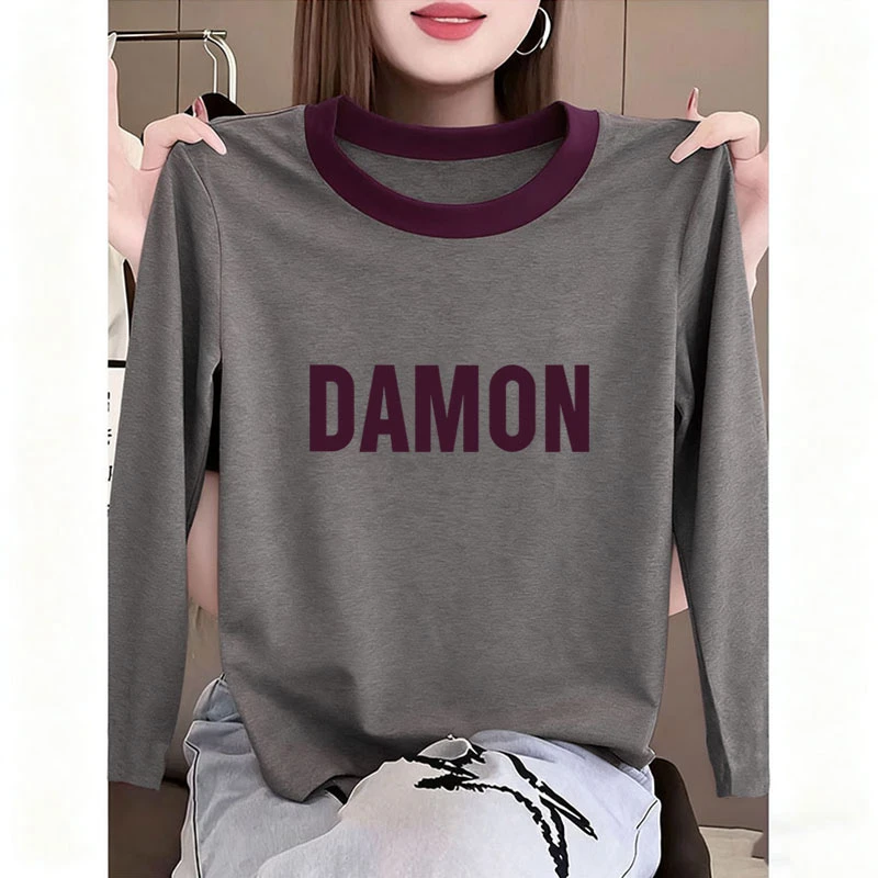 正肩领口撞色优质长袖t恤女时尚百搭上衣打底衫春秋冬季2025新款