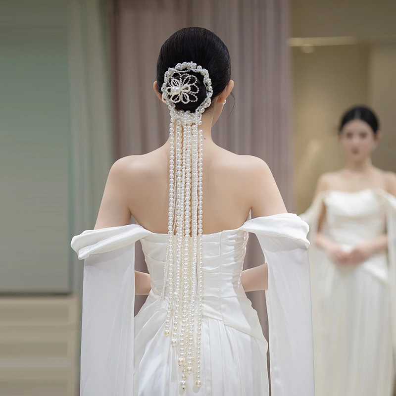 非金属仿珍珠婚庆饰品 高级感新娘长款瀑布流苏后区礼服配饰D0568