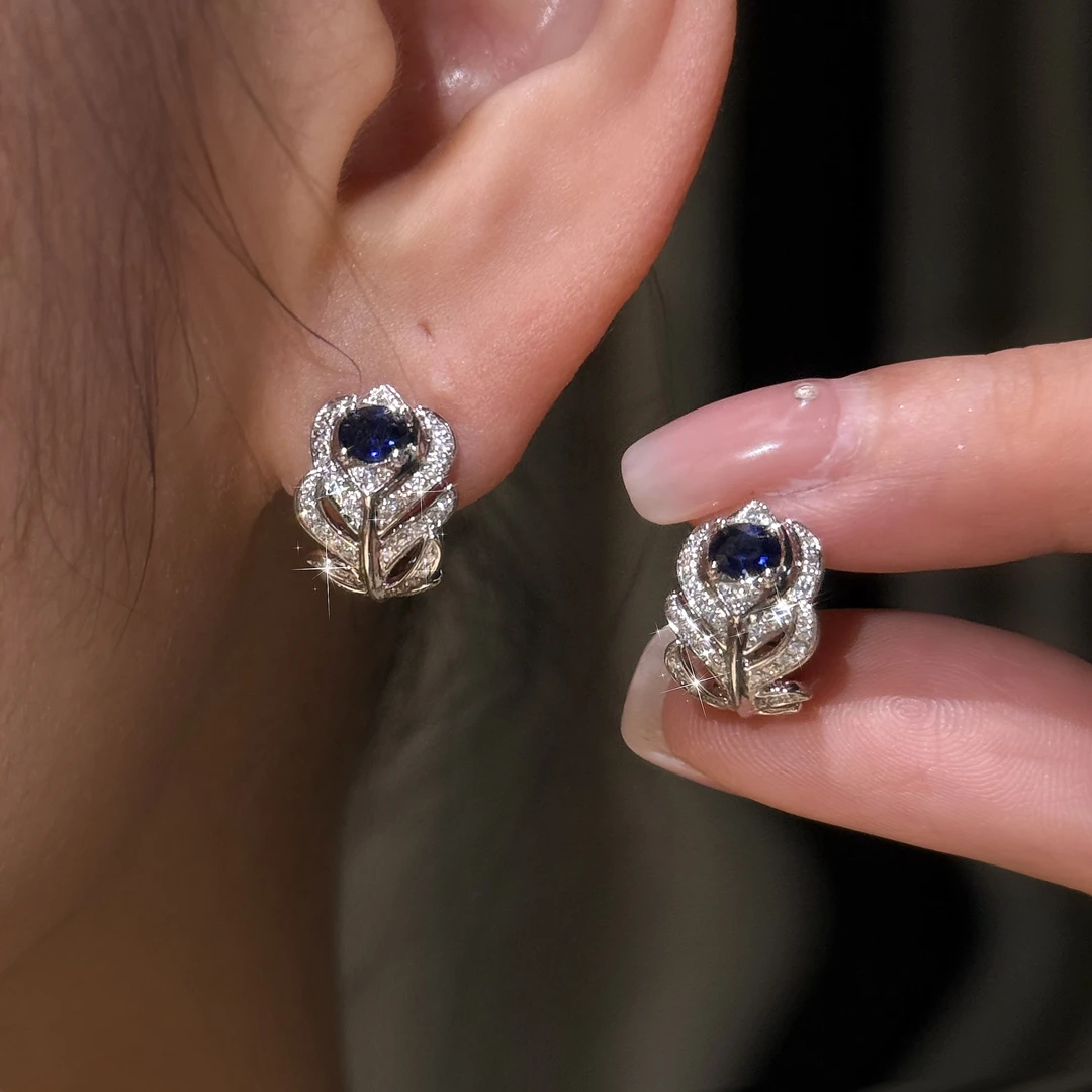 QANNA【蓝色满钻羽毛】【设计款】轻奢个性孔雀羽毛钻石耳环耳扣AY