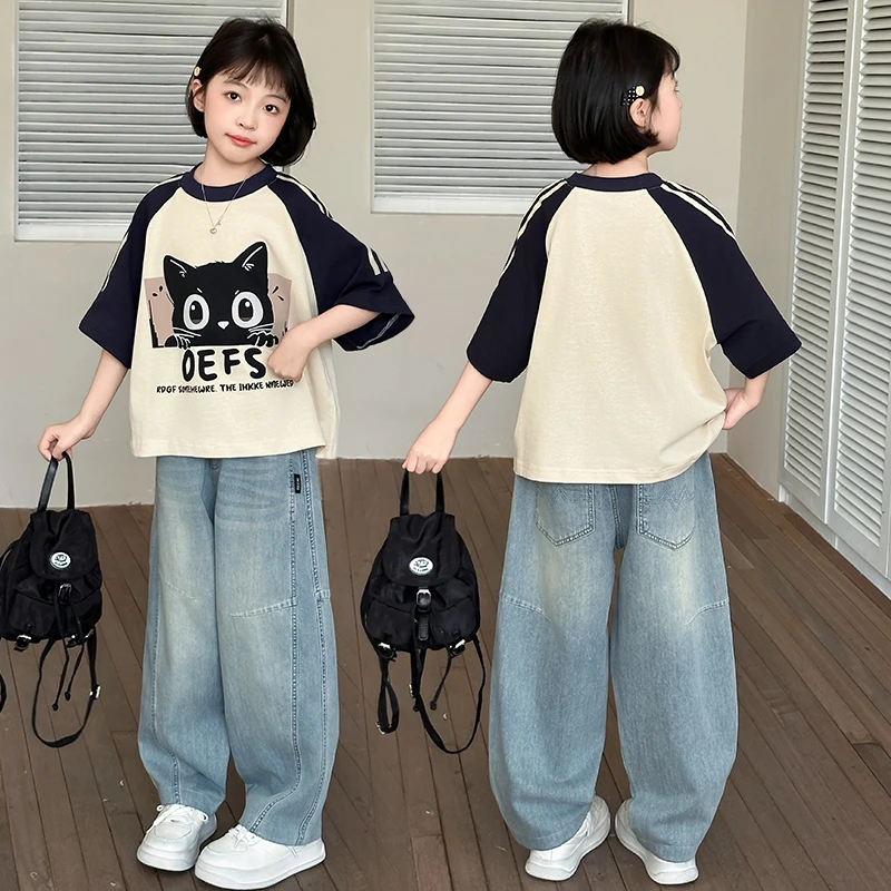 12-15岁女童夏季短袖套装新款洋气儿童夏日穿搭卡通t恤牛仔裤
