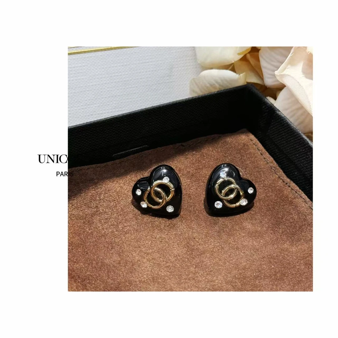 铜合金仿水晶耳饰 黑色爱心树脂新款耳钉 ES1765-1