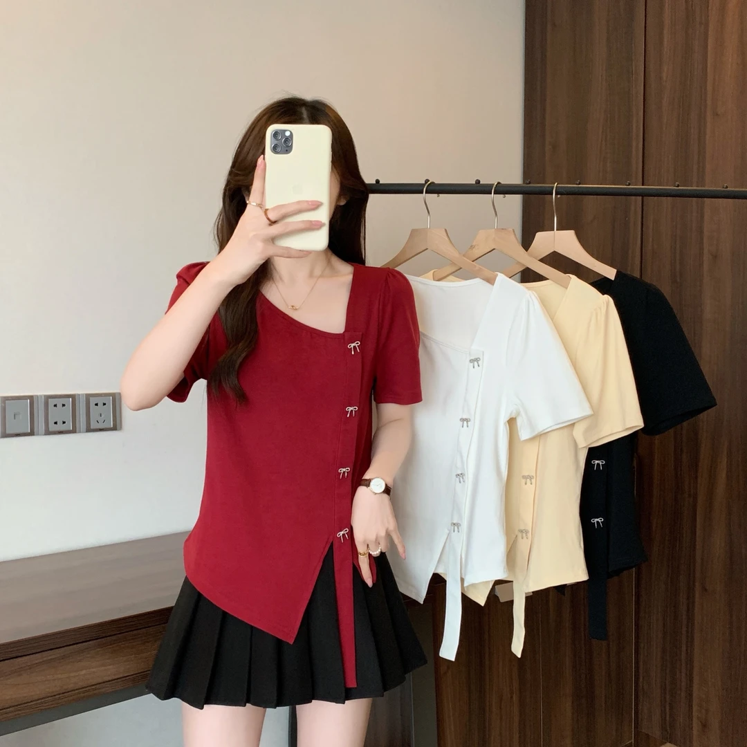 【运费补贴】清长2025夏季大码女装短袖T恤百搭蝴蝶结短袖上衣64271