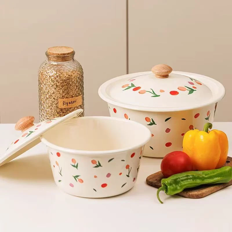 郁金香小清新搪瓷盖盆家用和面盆醒面盆带盖小众微瑕疵搪瓷汤盆
