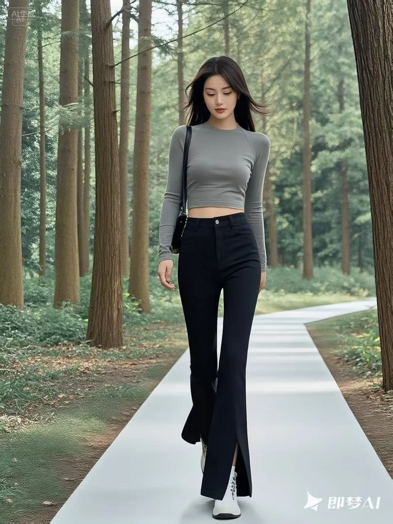 小个子显高显瘦时尚黑色复古喇叭裤开叉修身九分微喇裤薄款夏季