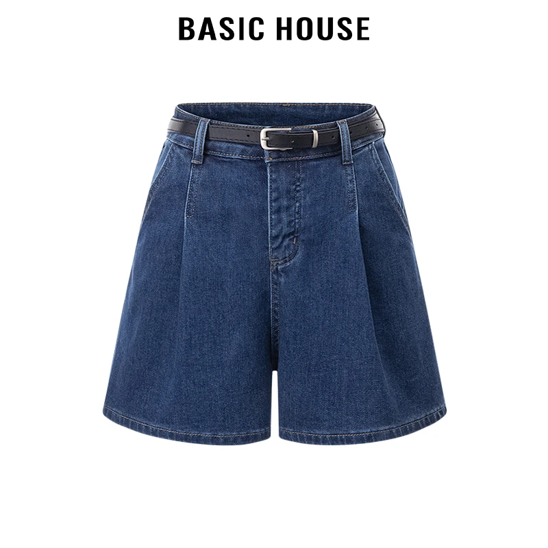 百家好/Basic House复古深蓝色牛仔短裤女百搭休闲小个子直筒裤夏