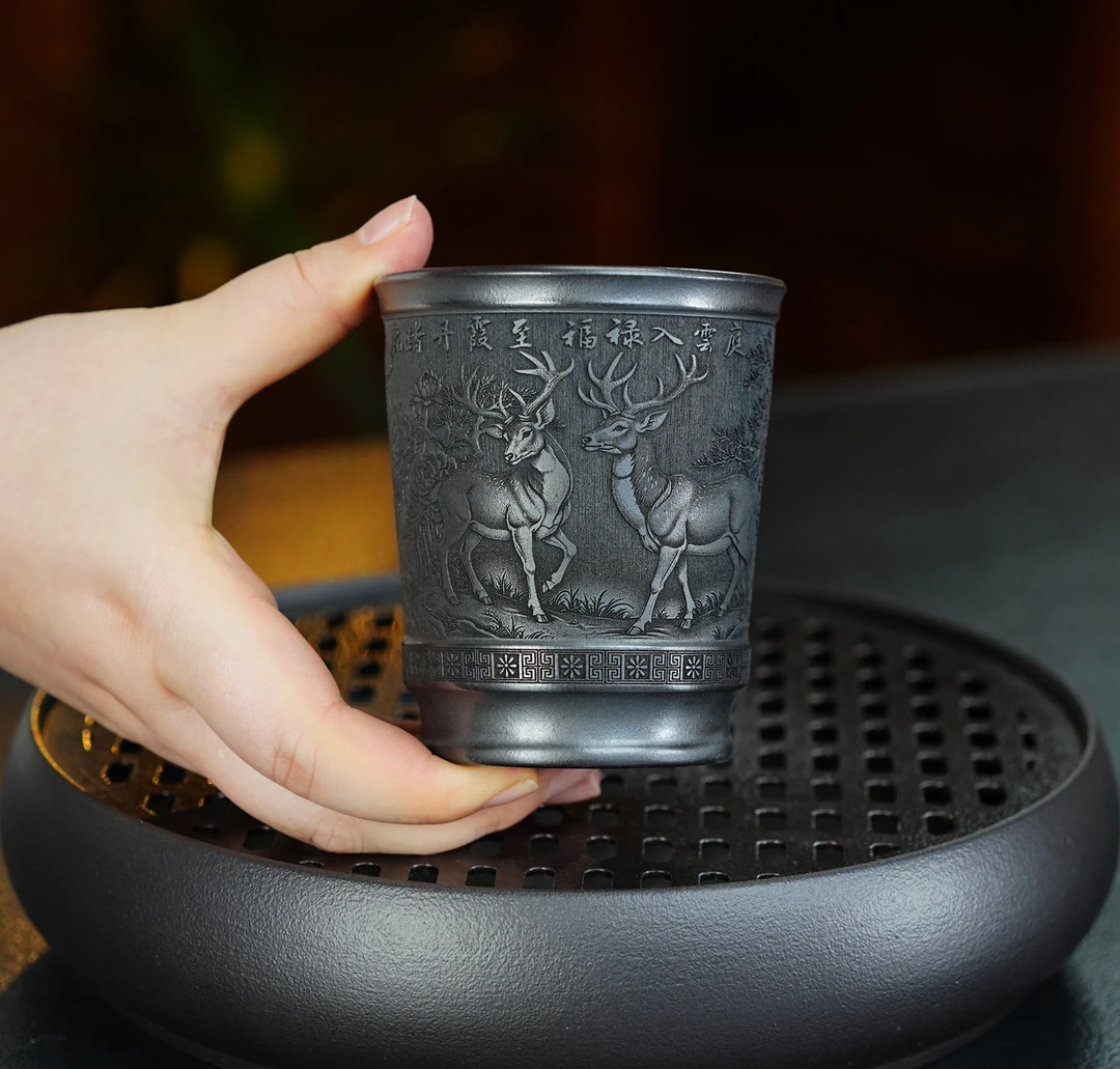 235宜兴原矿紫砂杯纯手工刻绘福禄双鹿小鹿正宗石黄主人杯茶杯