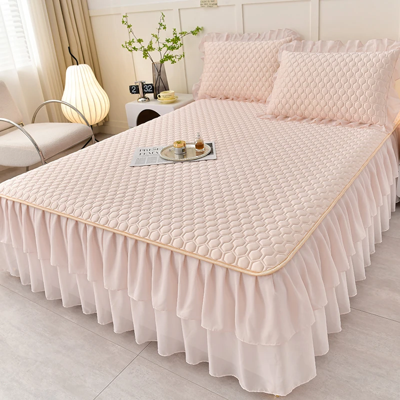 水星新家纺2025新款凉感丝乳胶床裙凉席防滑床可机洗三件套加厚