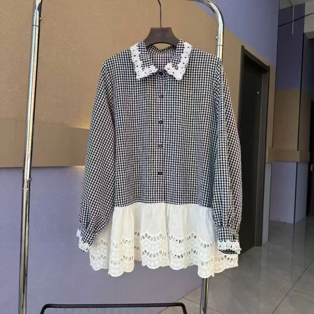 春季新款甜美减龄格子拼接蕾丝边娃娃领显瘦上衣