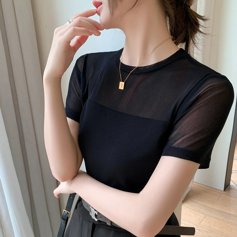小香风专用内搭黑色低圆领短款网纱打底衫t恤短袖基础款时尚