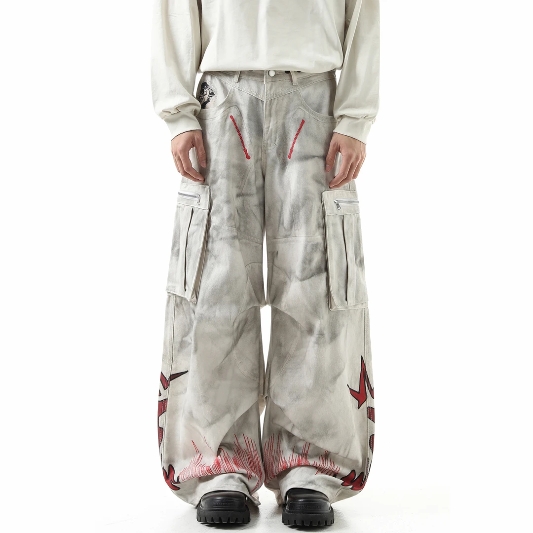 美式小众设计感亚文化多口袋工装裤男高街痞帅脏染做旧阔腿裤长裤