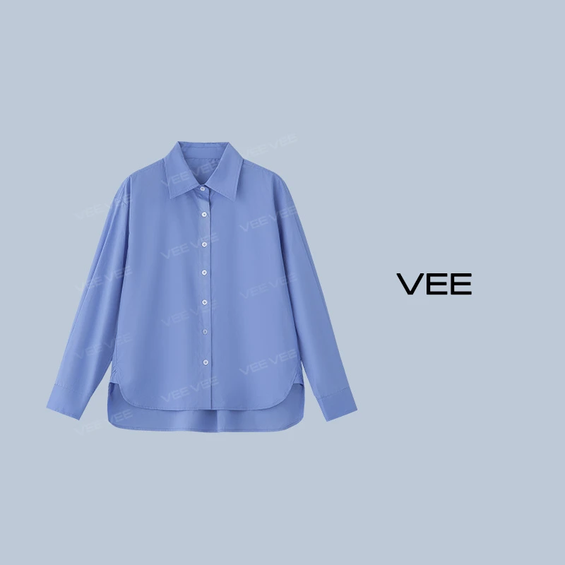 VEE【帆船蓝】新款时尚百搭休闲宽松简约蓝色长袖衬衫