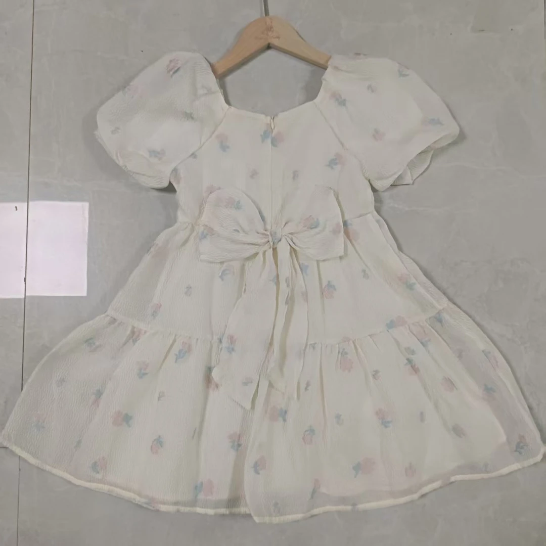 丽子家 品牌 童装 米色泡泡袖立体大蝴蝶结连衣裙B