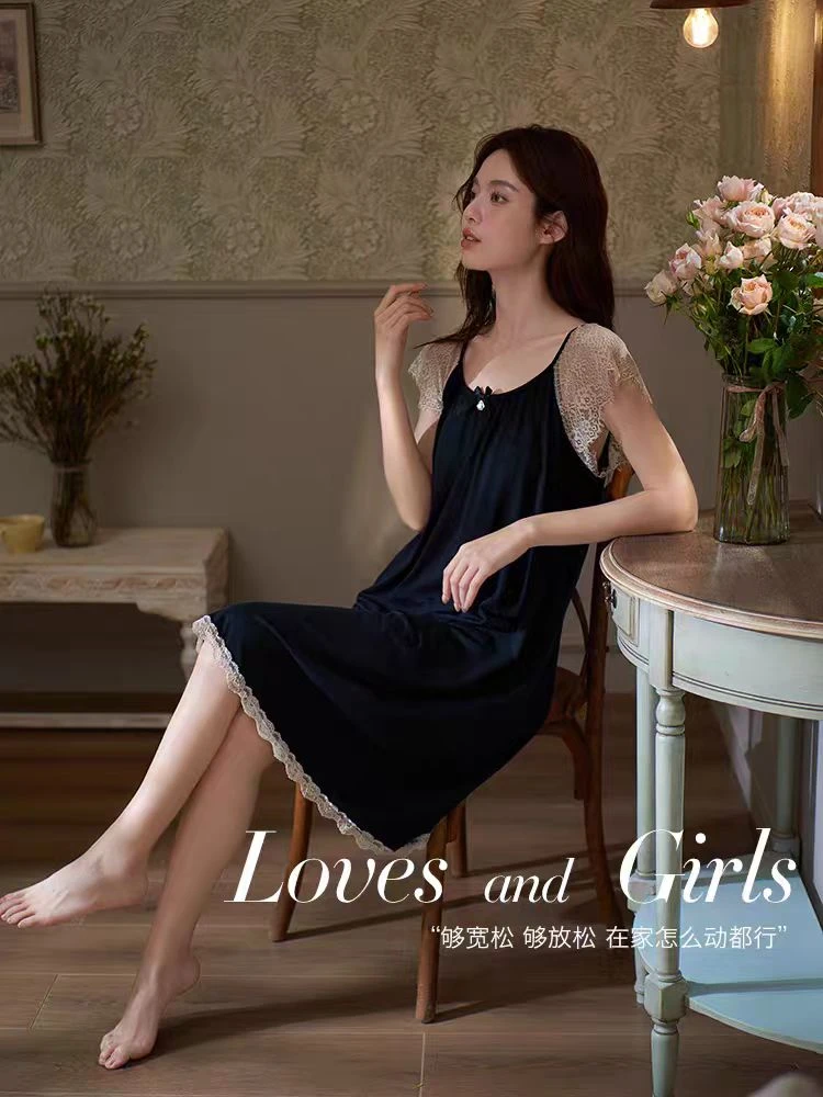 带胸垫莫代尔女甜美成人薄款拼接夏季花边睡裙法式韩版欧若假日风