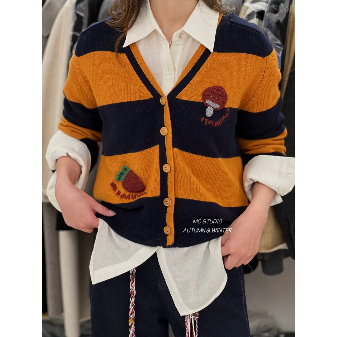 【胡萝卜蘑菇毛衣】欧洲站撞色复古宽条纹绒绒开衫125111