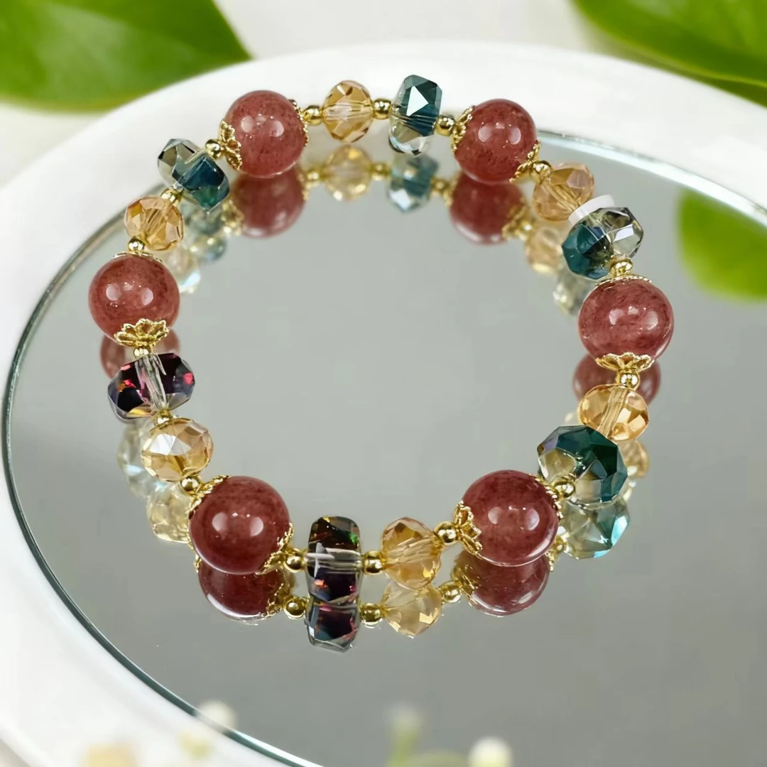 as69草莓晶+水晶手串时尚百搭小众不撞款草莓晶约10mm轻奢A0041