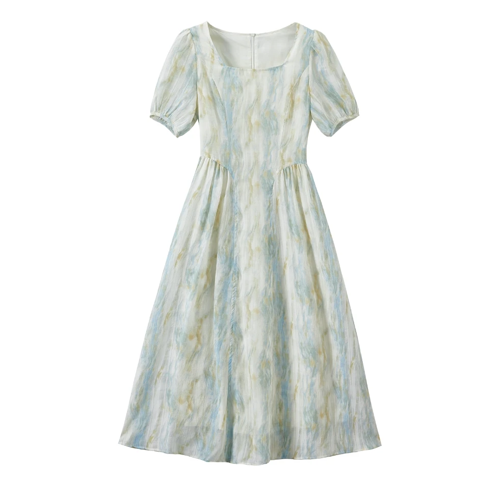 【水波不兴】夏季新款方领晕染系时尚显瘦温柔连衣裙